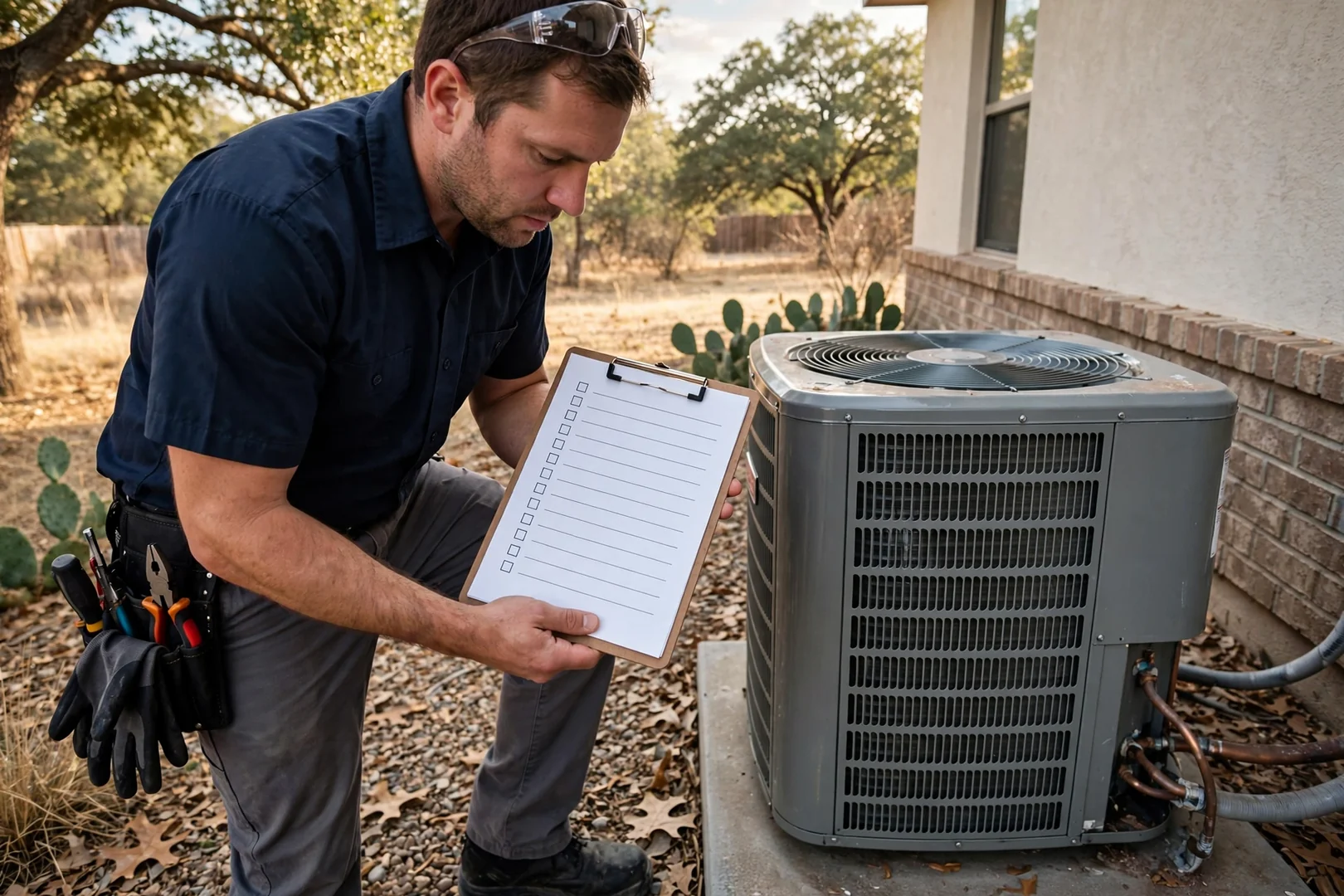 HVAC technician reviewing a written service checklist beside an outdoor condenser unit