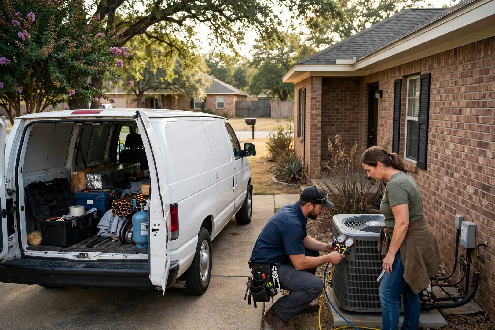 Service van parked in front of a single-story brick home in Converse, TX