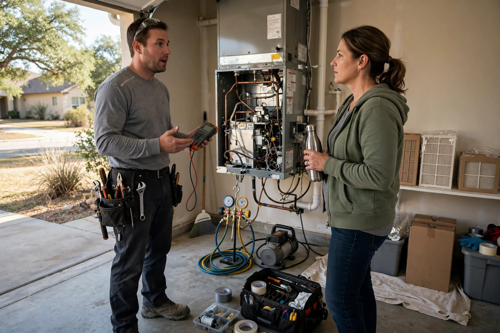 HVAC technician reviewing a written estimate with a homeowner beside an outdoor AC unit