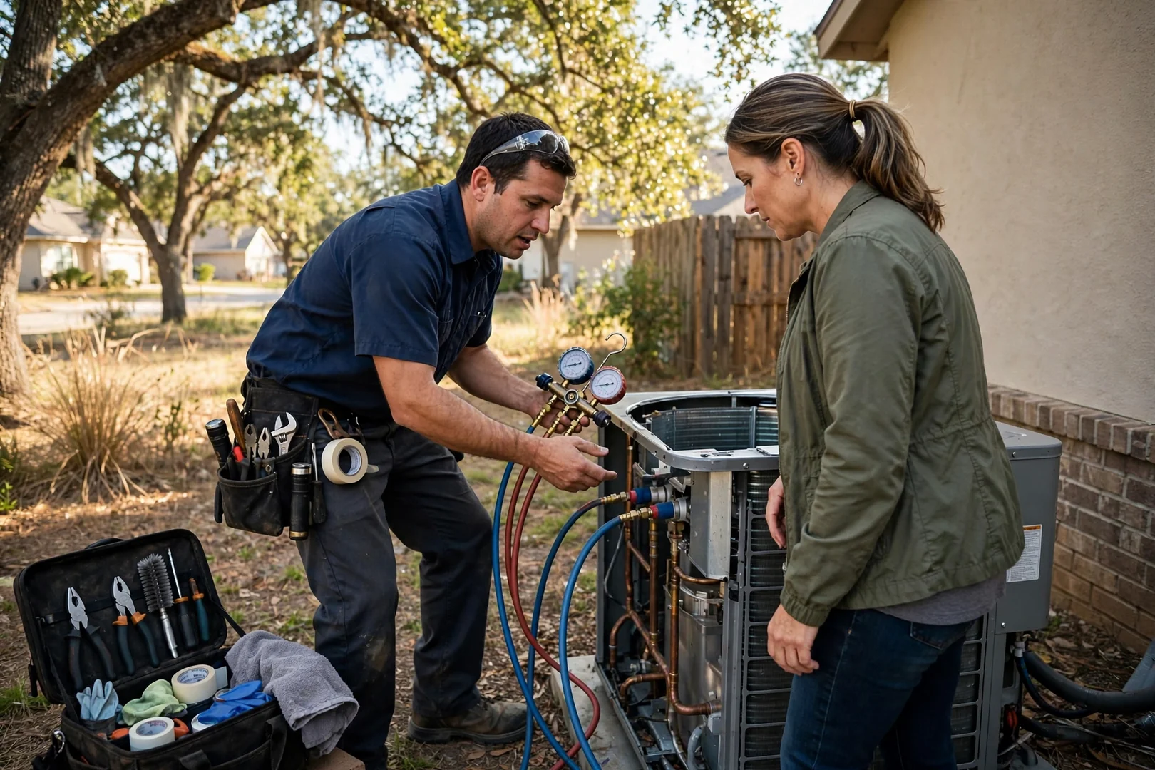 HVAC technician talking with a homeowner beside an outdoor AC unit in Converse, TX