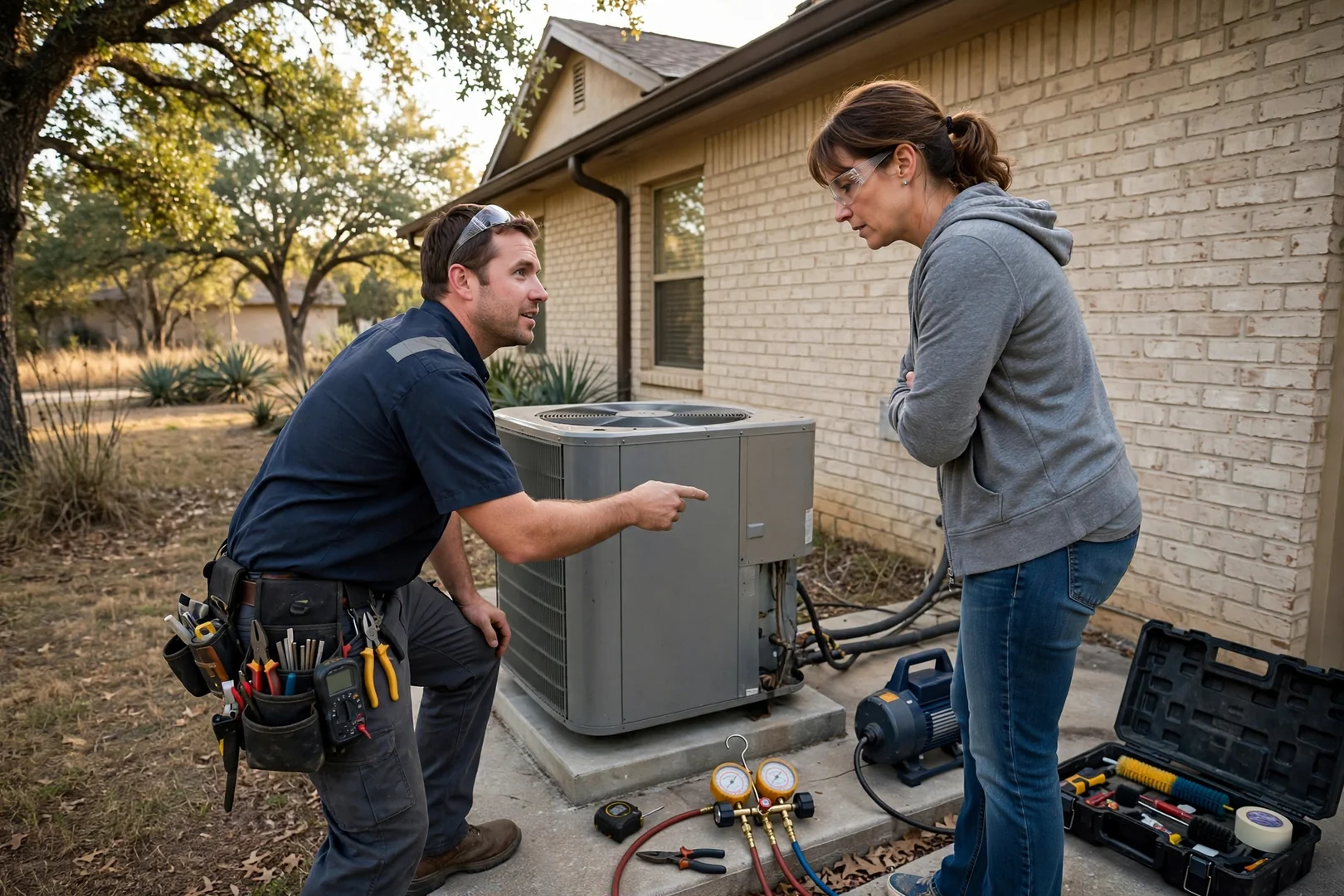 Technician inspecting an outdoor AC condenser at a Converse home