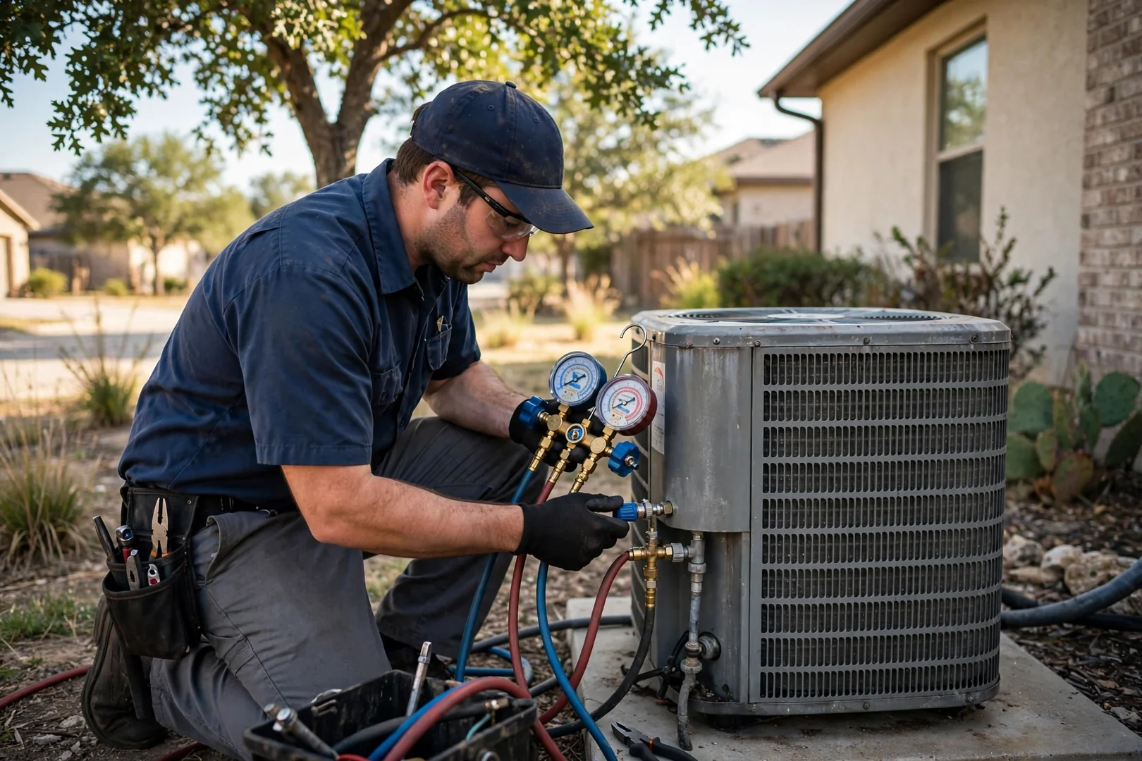 Technician checking refrigerant pressures on an outdoor AC condenser at a Converse home