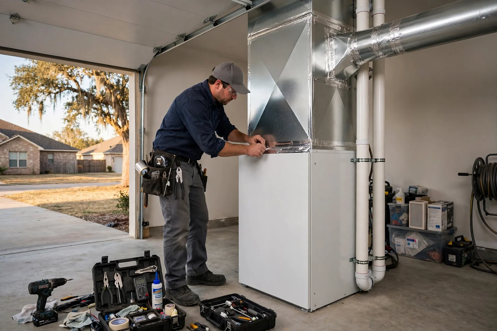 Newly installed high-efficiency furnace with sealed sheet metal plenum in a garage