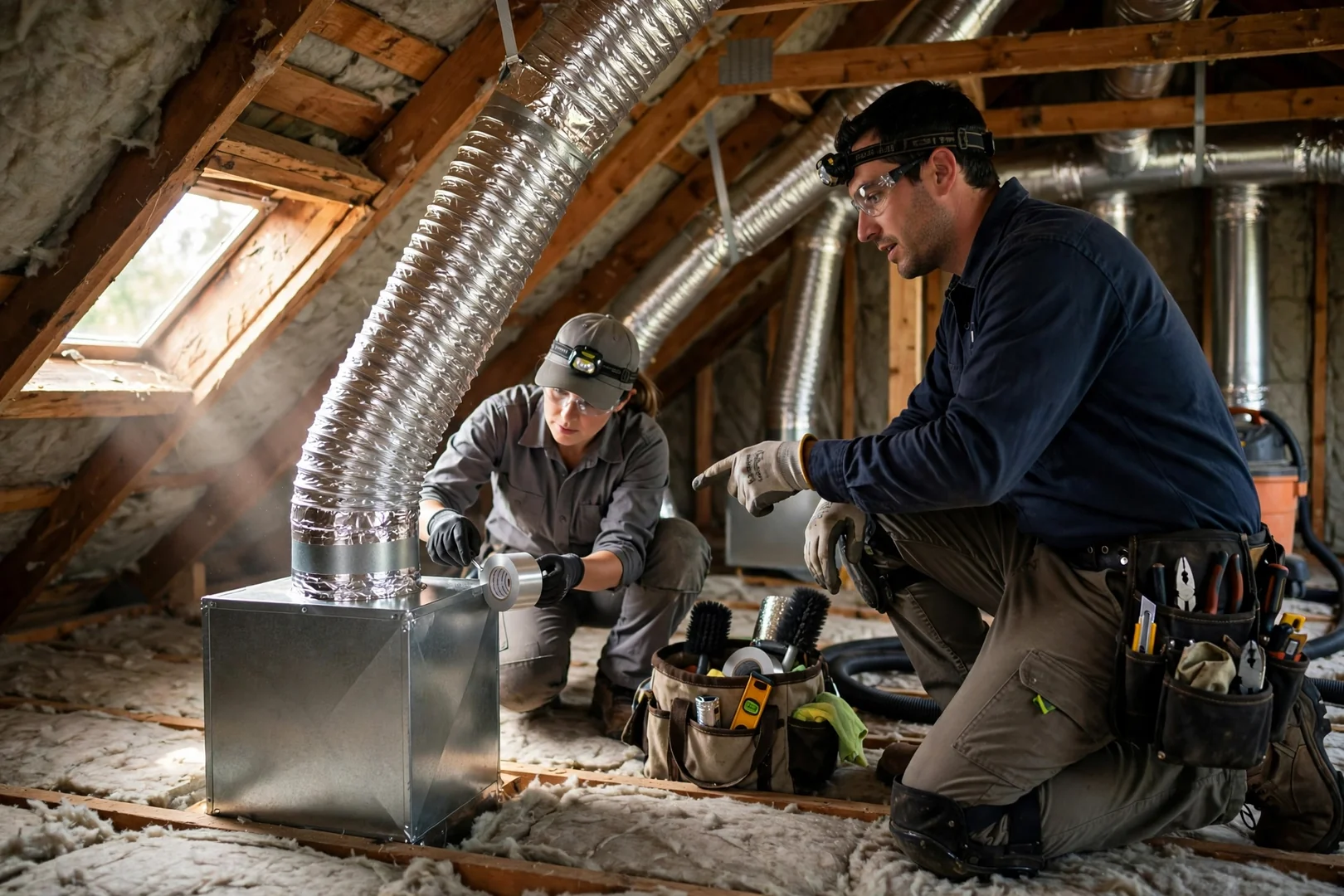 Clean flexible ductwork and supply boots in an attic after duct cleaning
