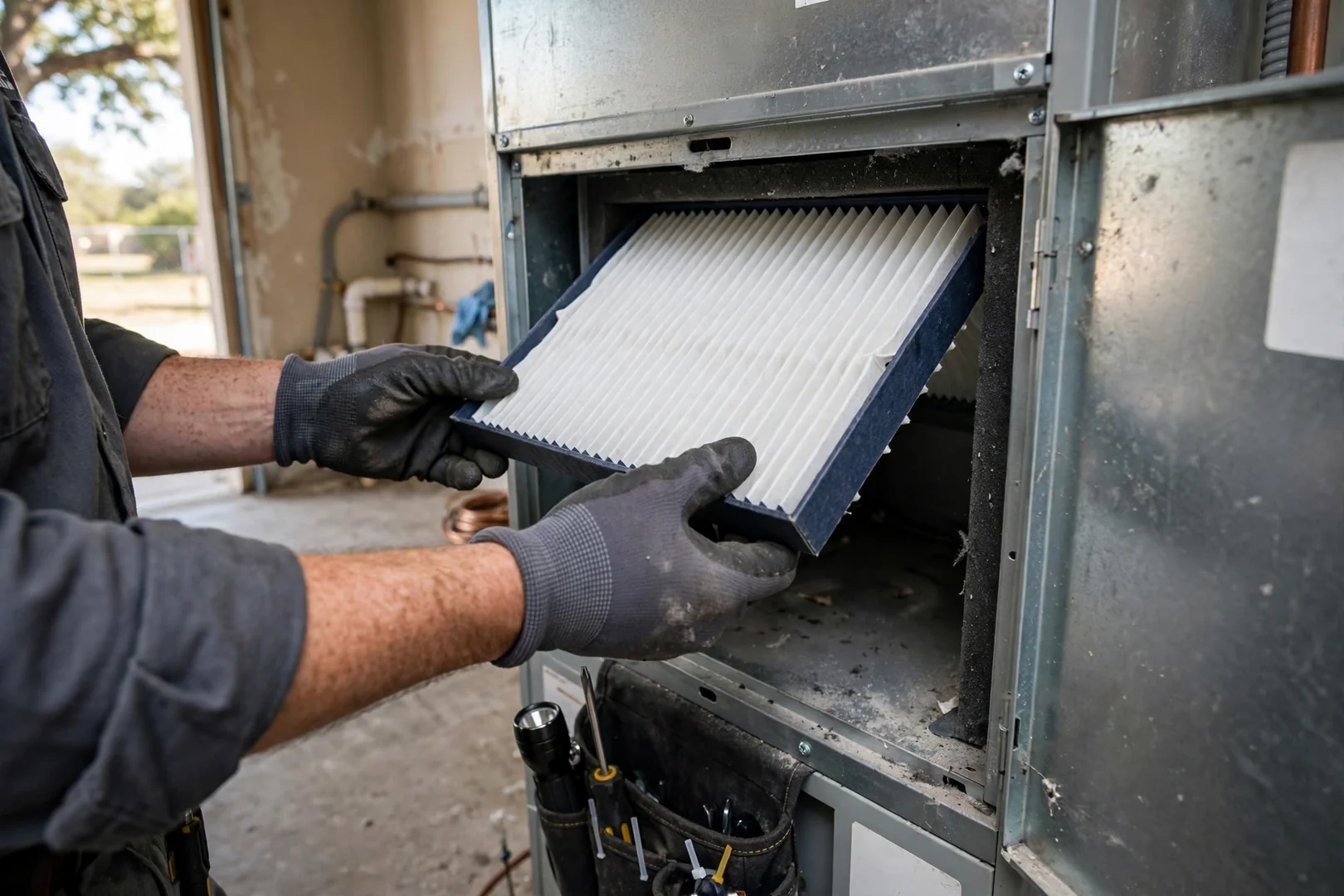 Technician hands replacing a pleated air filter during a seasonal HVAC tune-up