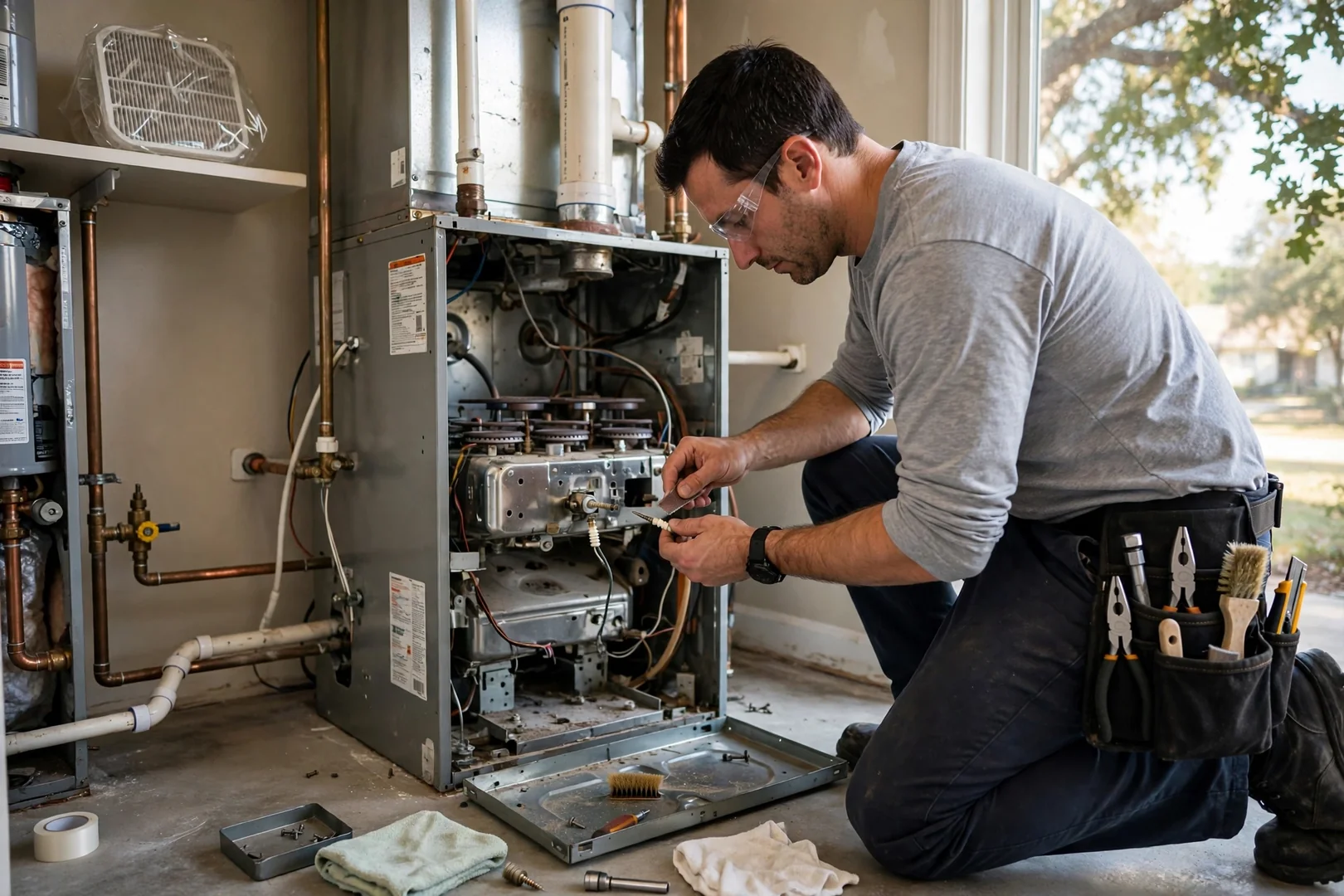 Furnace burner assembly and flame sensor inspected during a heating repair visit
